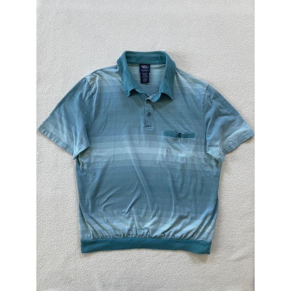 Vintage John Blair Mens Large Banded Polo‎ Shirt Teal Blue Striped Chest Pocket